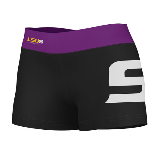 LSU Shreveport LSUS Pilots Vive La Fete Logo on Thigh & Waistband Black & Purple Women Booty Workout Shorts 3.75 Inseam"