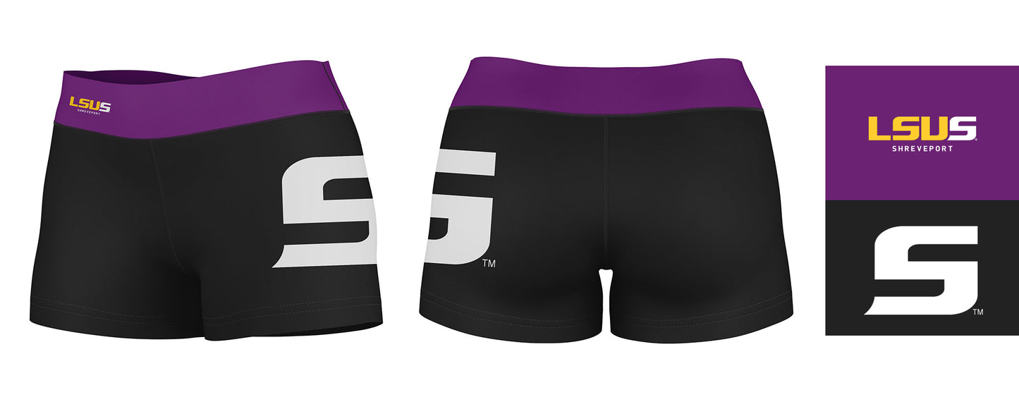 LSU Shreveport LSUS Pilots Vive La Fete Logo on Thigh & Waistband Black & Purple Women Booty Workout Shorts 3.75 Inseam" - Vive La F̻te - Online Apparel Store