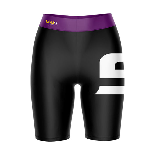 LSU Shreveport LSUS Pilots Vive La Fete Game Day Logo on Thigh and Waistband Black and Purple Women Bike Short 9 Inseam"