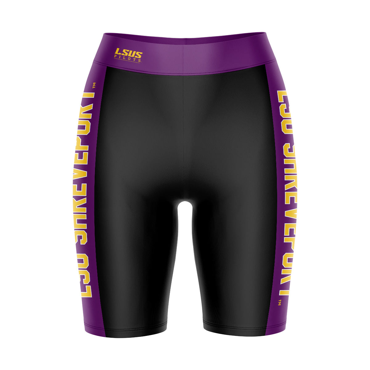 LSU Shreveport LSUS Pilots Vive La Fete Game Day Logo on Waistband and Purple Stripes Black Women Bike Short 9 Inseam