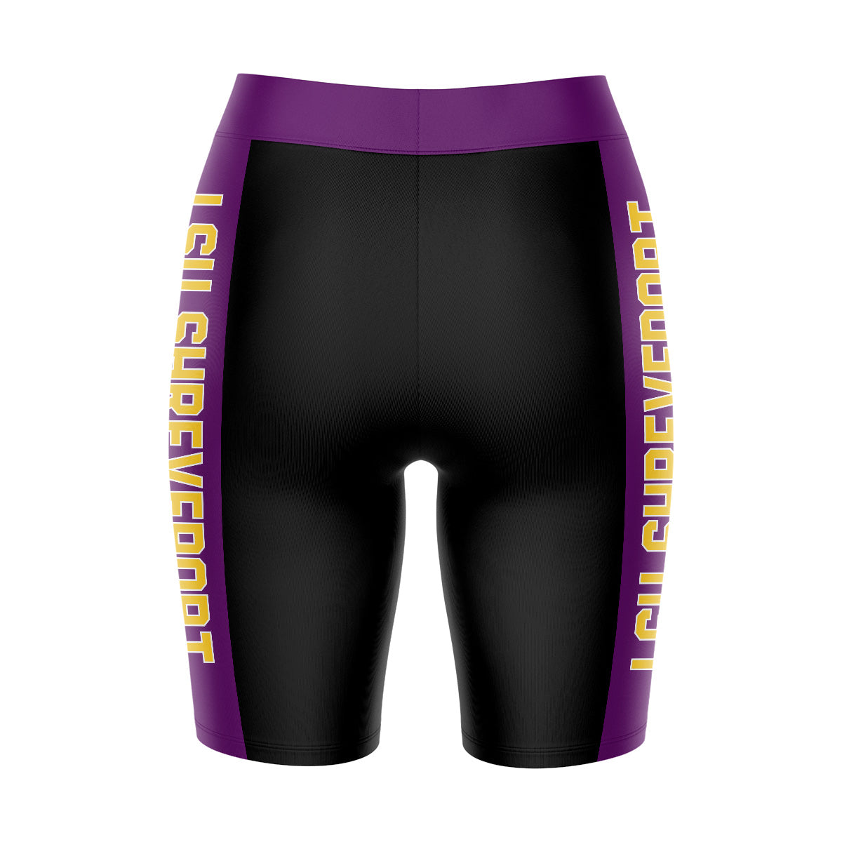 LSU Shreveport LSUS Pilots Vive La Fete Game Day Logo on Waistband and Purple Stripes Black Women Bike Short 9 Inseam