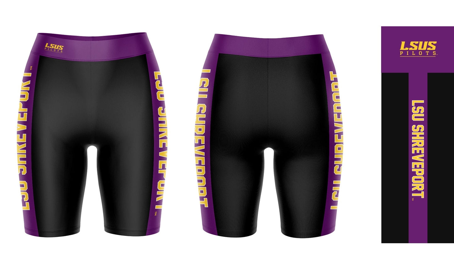 LSU Shreveport LSUS Pilots Vive La Fete Game Day Logo on Waistband and Purple Stripes Black Women Bike Short 9 Inseam