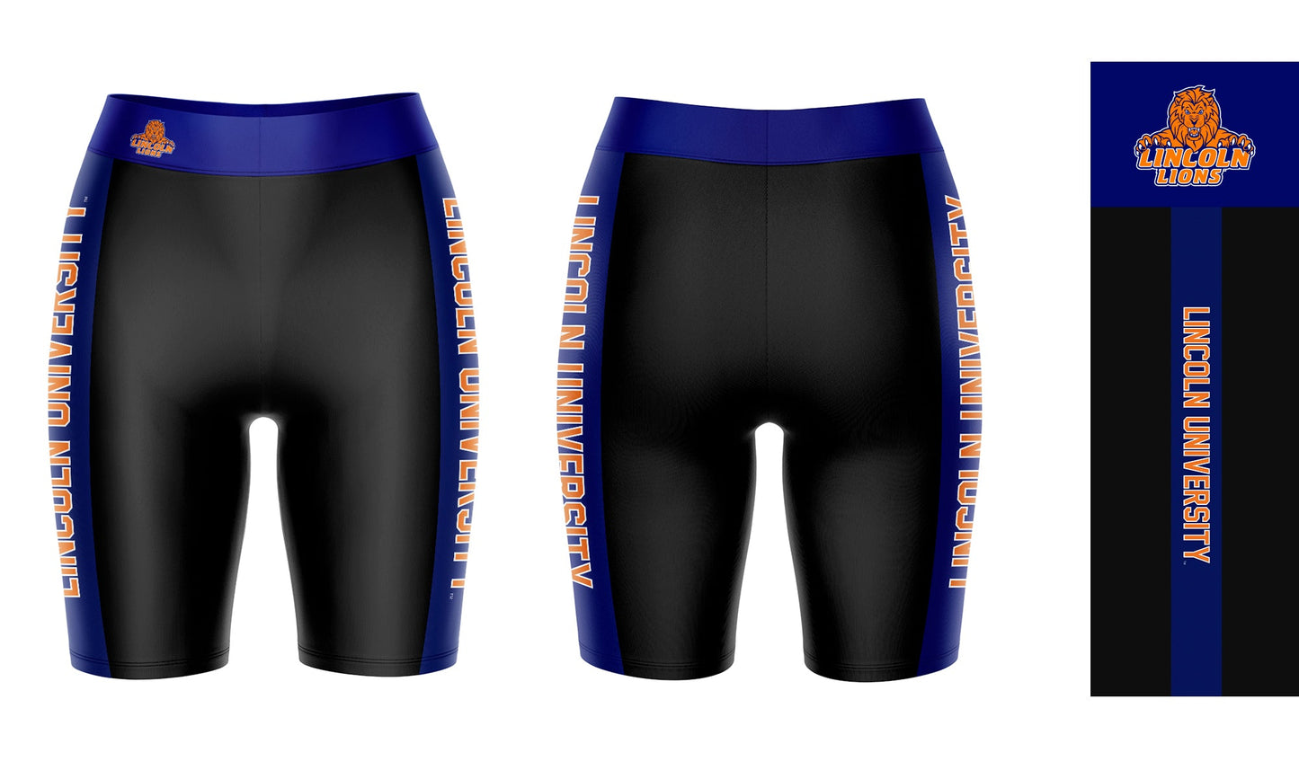 Lincoln University Lions LU Vive La Fete Game Day Logo on Waistband and Blue Stripes Black Women Bike Short 9 Inseam