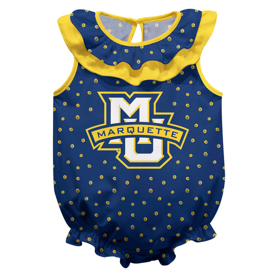 Marquette Golden Eagles Swirls Blue Sleeveless Ruffle One Piece Jumpsuit Logo Bodysuit by Vive La Fete