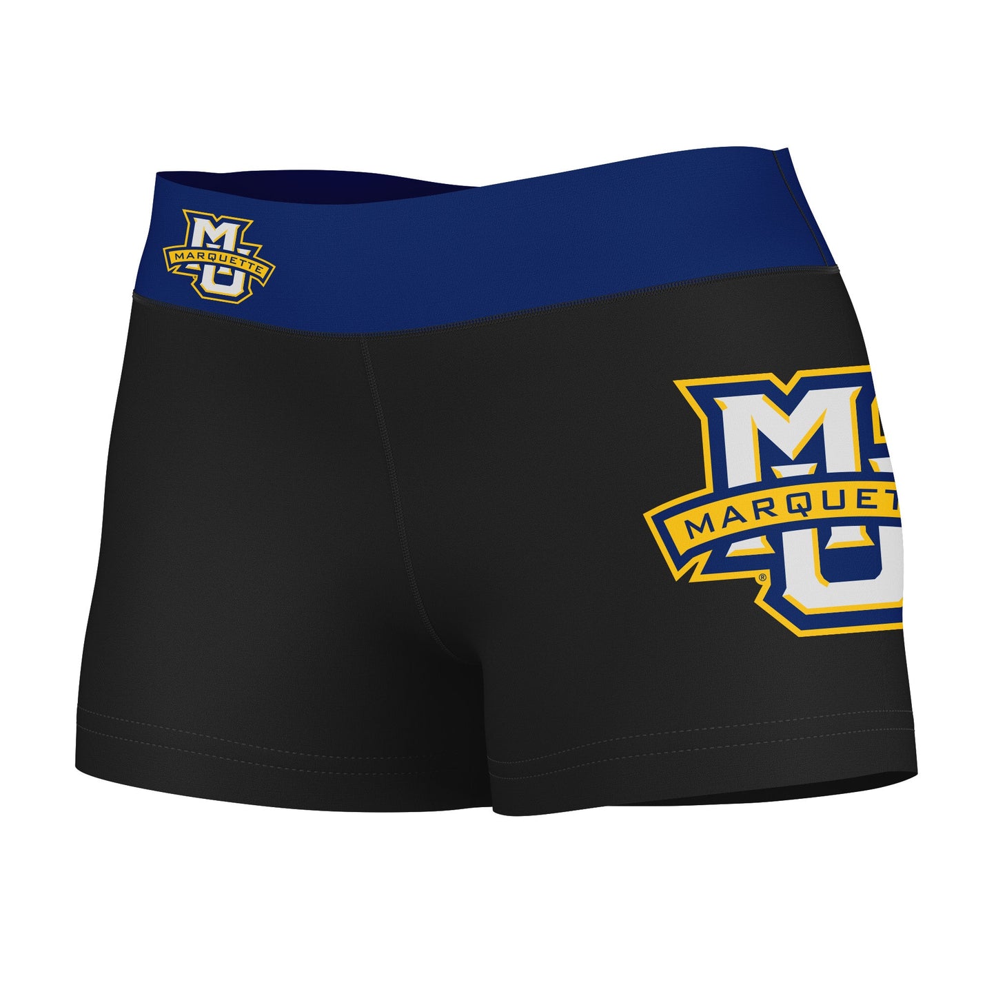Marquette Golden Eagles Vive La Fete Logo on Thigh & Waistband Black & Navy Women Yoga Booty Workout Shorts 3.75 Inseam"
