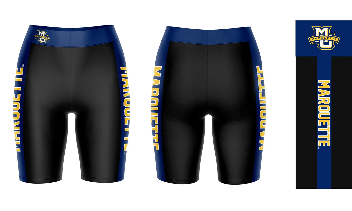 Marquette Golden Eagles Vive La Fete Game Day Logo on Waistband and Navy Stripes Black Women Bike Short 9 Inseam"