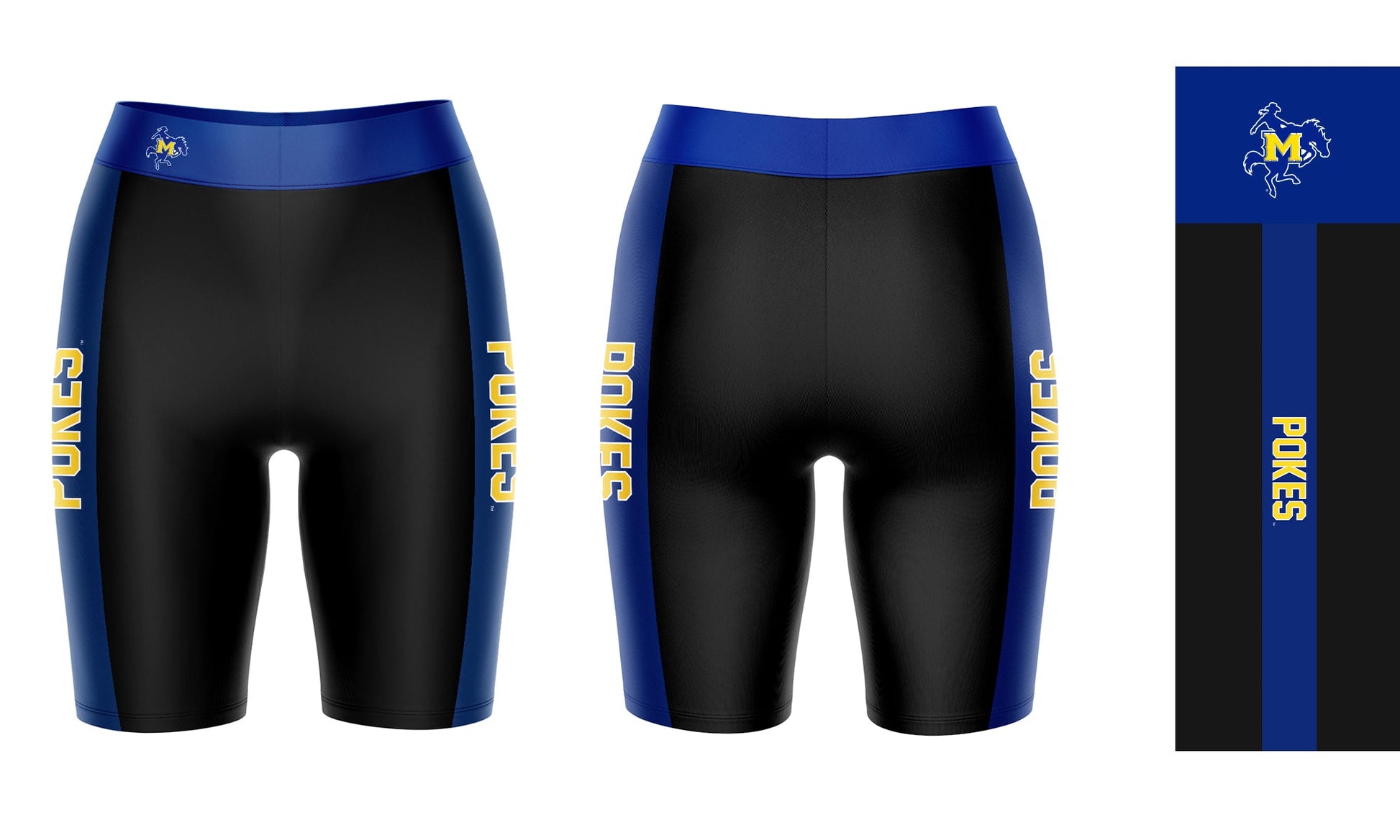 McNeese State Cowboys Vive La Fete Game Day Logo on Waistband and Blue Stripes Black Women Bike Short 9 Inseam
