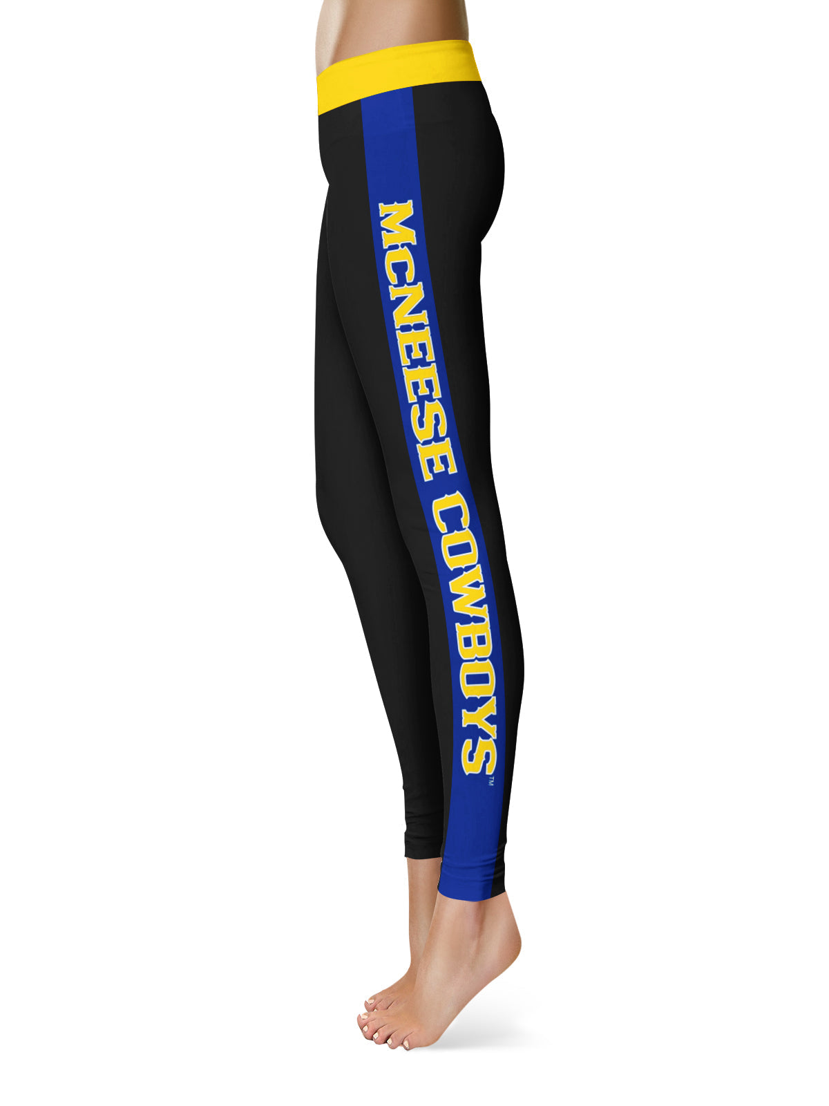 McNeese State University Cowboys Vive La Fete Game Day Collegiate Blue Stripes Women Black Yoga Leggings 2 Waist Tights