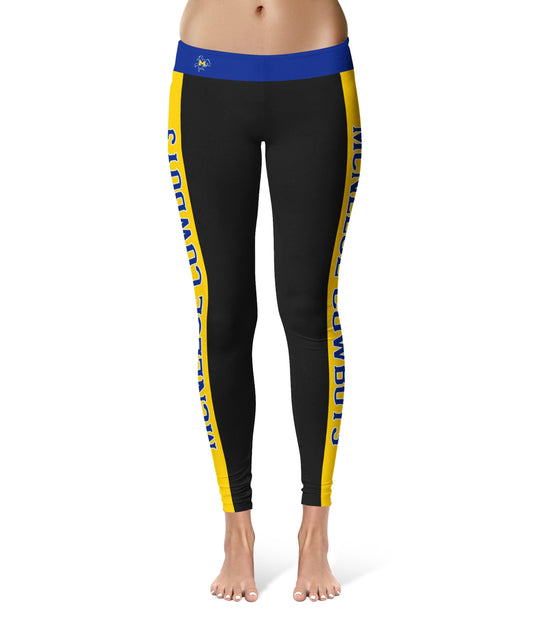 McNeese State University Cowboys Vive La Fete Game Day Collegiate Gold Stripes Women Black Yoga Leggings 2 Waist Tights