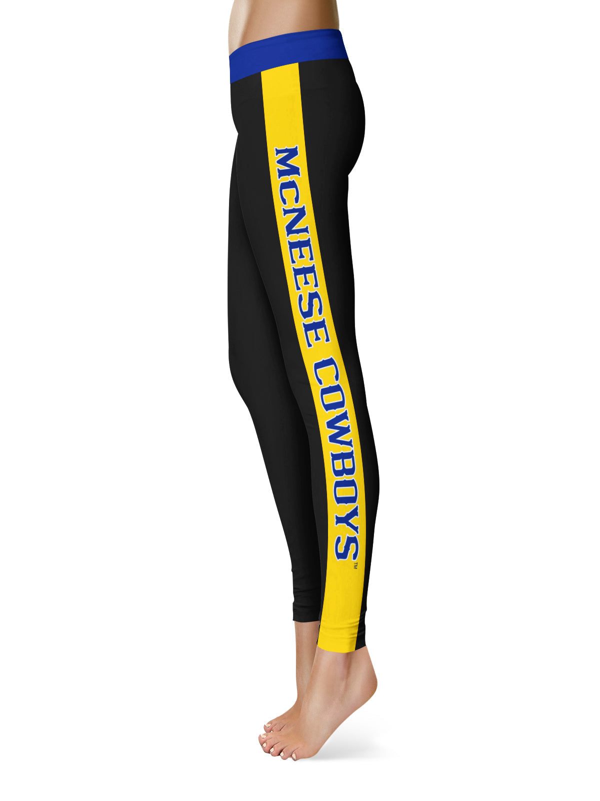 McNeese State University Cowboys Vive La Fete Game Day Collegiate Gold Stripes Women Black Yoga Leggings 2 Waist Tights