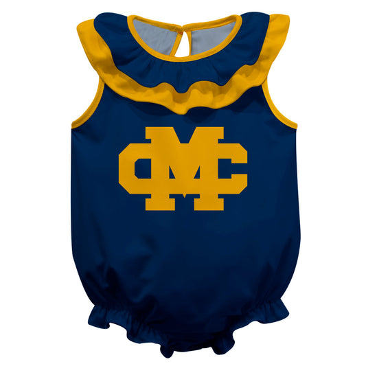 Mississippi College Choctaws Blue Sleeveless Ruffle One Piece Jumpsuit Logo Bodysuit by Vive La Fete