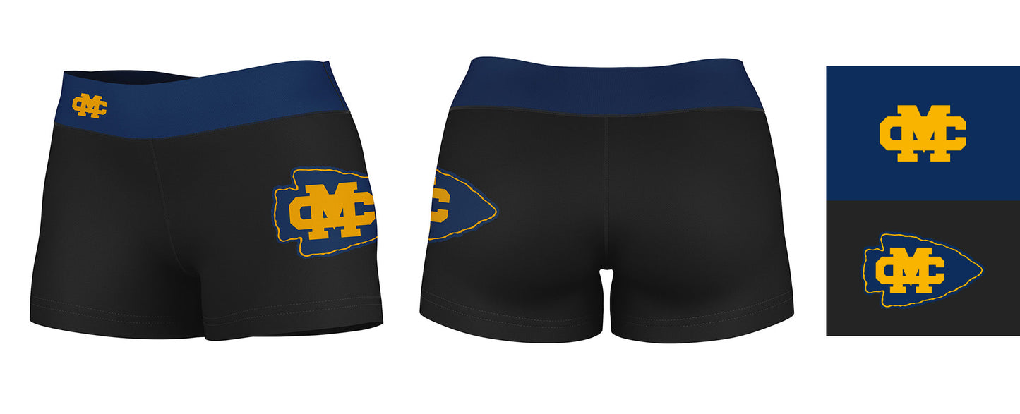 Mississippi College Choctaws Logo on Thigh & Waistband Black & Blue Women Yoga Booty Workout Shorts 3.75 Inseam" - Vive La F̻te - Online Apparel Store