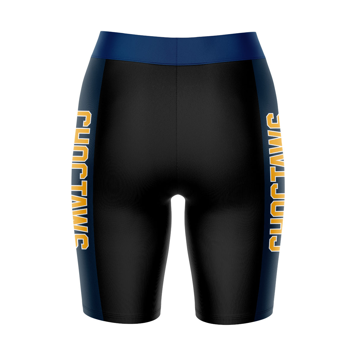 Mississippi College Choctaws Vive La Fete Game Day Logo on Waistband and Blue Stripes Black Women Bike Short 9 Inseam