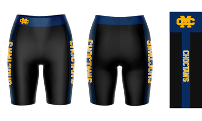 Mississippi College Choctaws Vive La Fete Game Day Logo on Waistband and Blue Stripes Black Women Bike Short 9 Inseam