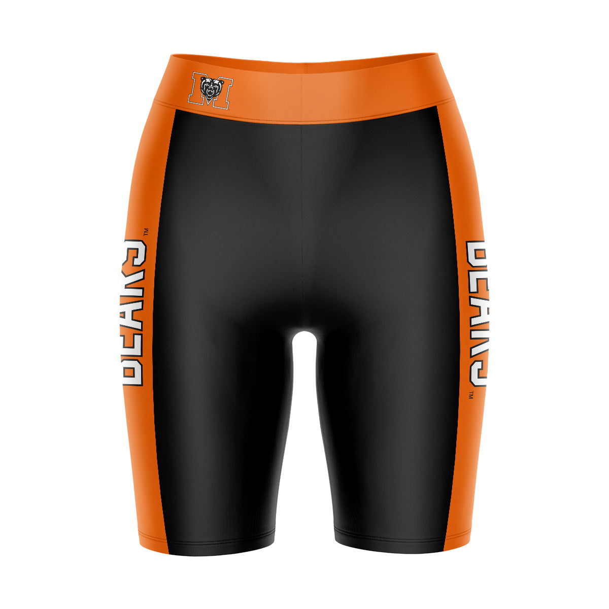 Mercer University Bears MU Vive La Fete Game Day Logo on Waistband and Orange Stripes Black Women Bike Short 9 Inseam