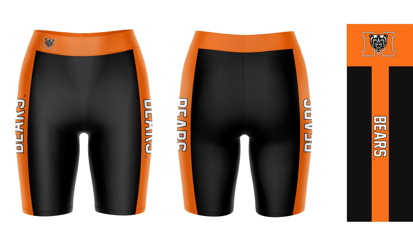 Mercer University Bears MU Vive La Fete Game Day Logo on Waistband and Orange Stripes Black Women Bike Short 9 Inseam