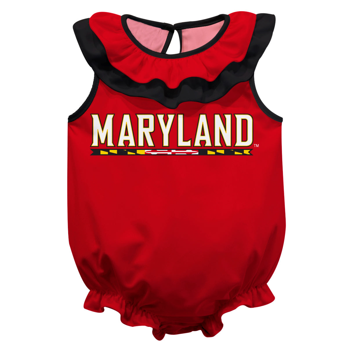 University of Maryland Terrapins Red Sleeveless Ruffle One Piece Jumpsuit Logo Bodysuit by Vive La Fete