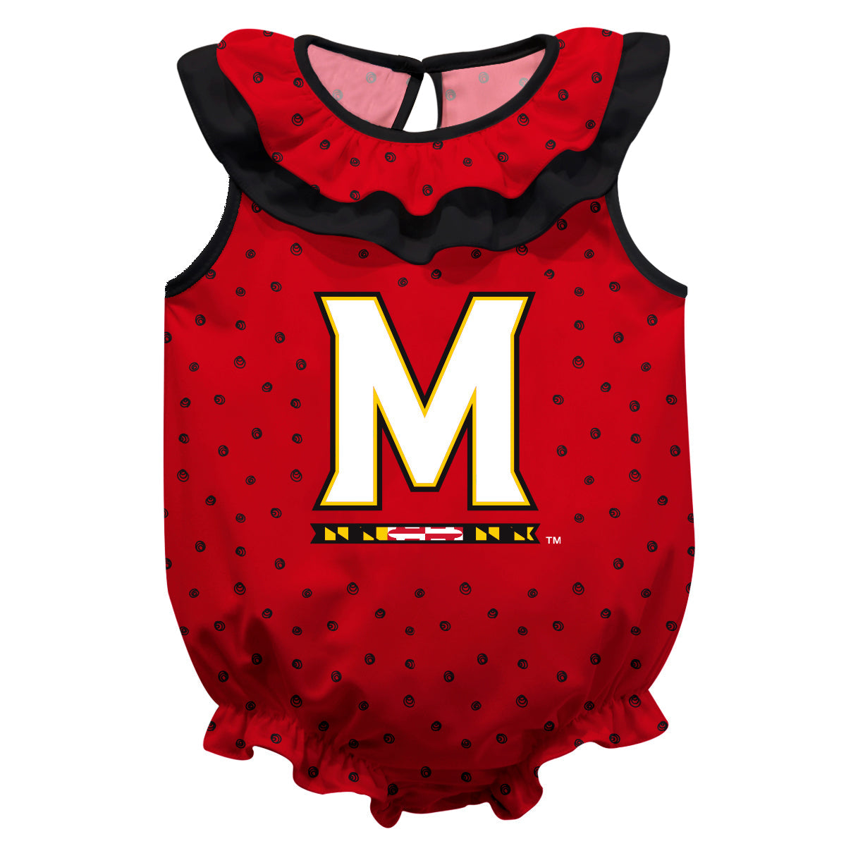 University of Maryland Terrapins Swirls Red Sleeveless Ruffle One Piece Jumpsuit Logo Bodysuit by Vive La Fete