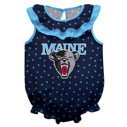 Maine Black Bears Swirls Blue Sleeveless Ruffle One Piece Jumpsuit Logo Bodysuit by Vive La Fete