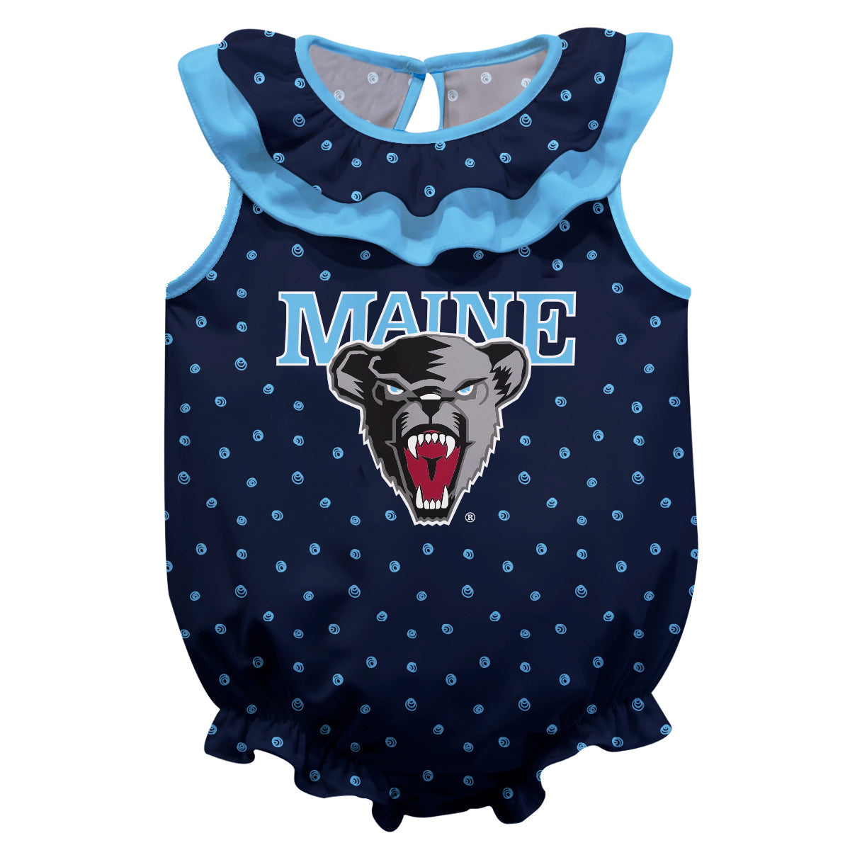 Maine Black Bears Swirls Blue Sleeveless Ruffle One Piece Jumpsuit Logo Bodysuit by Vive La Fete