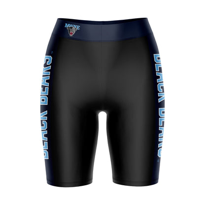 Maine Black Bears Vive La Fete Game Day Logo on Waistband and Navy Stripes Black Women Bike Short 9 Inseam"