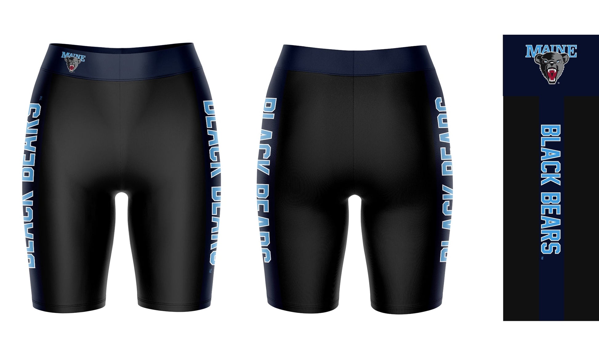 Maine Black Bears Vive La Fete Game Day Logo on Waistband and Navy Stripes Black Women Bike Short 9 Inseam"