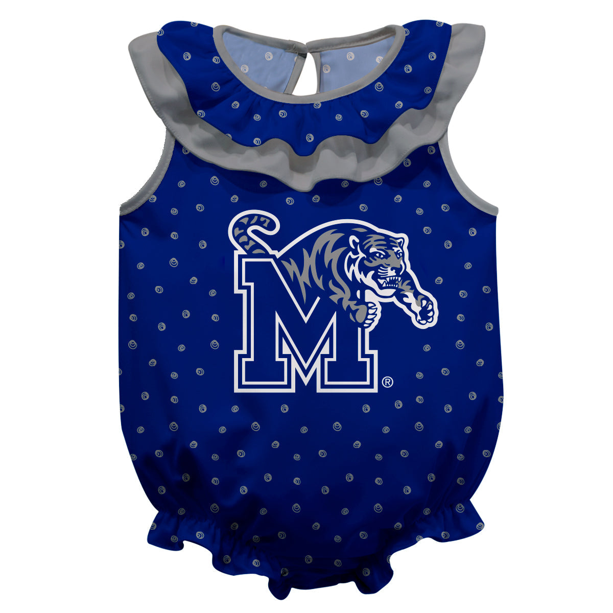 Memphis Tigers Swirls Blue Sleeveless Ruffle One Piece Jumpsuit Logo Bodysuit by Vive La Fete