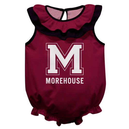 Morehouse Maroon Tigers Maroon Sleeveless Ruffle One Piece Jumpsuit Logo Bodysuit by Vive La Fete