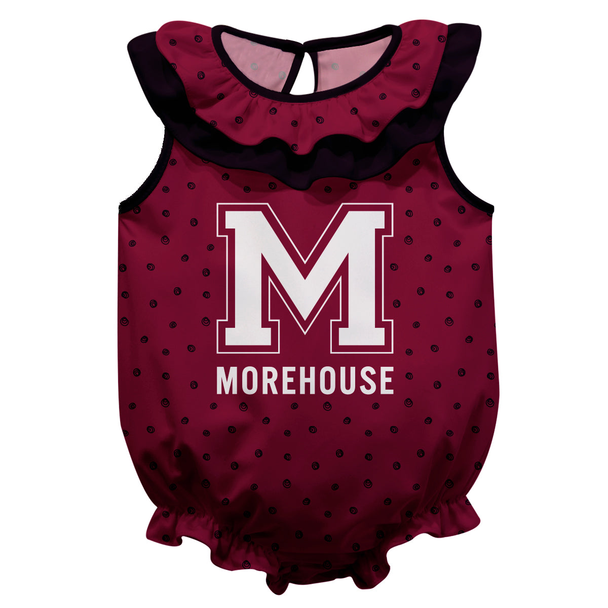 Morehouse Maroon Tigers Swirls Maroon Sleeveless Ruffle One Piece Jumpsuit Logo Bodysuit by Vive La Fete