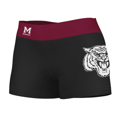 Morehouse Maroon Tigers Vive La Fete Logo on Thigh & Waistband Black Maroon Women Yoga Booty Workout Shorts 3.75 Inseam
