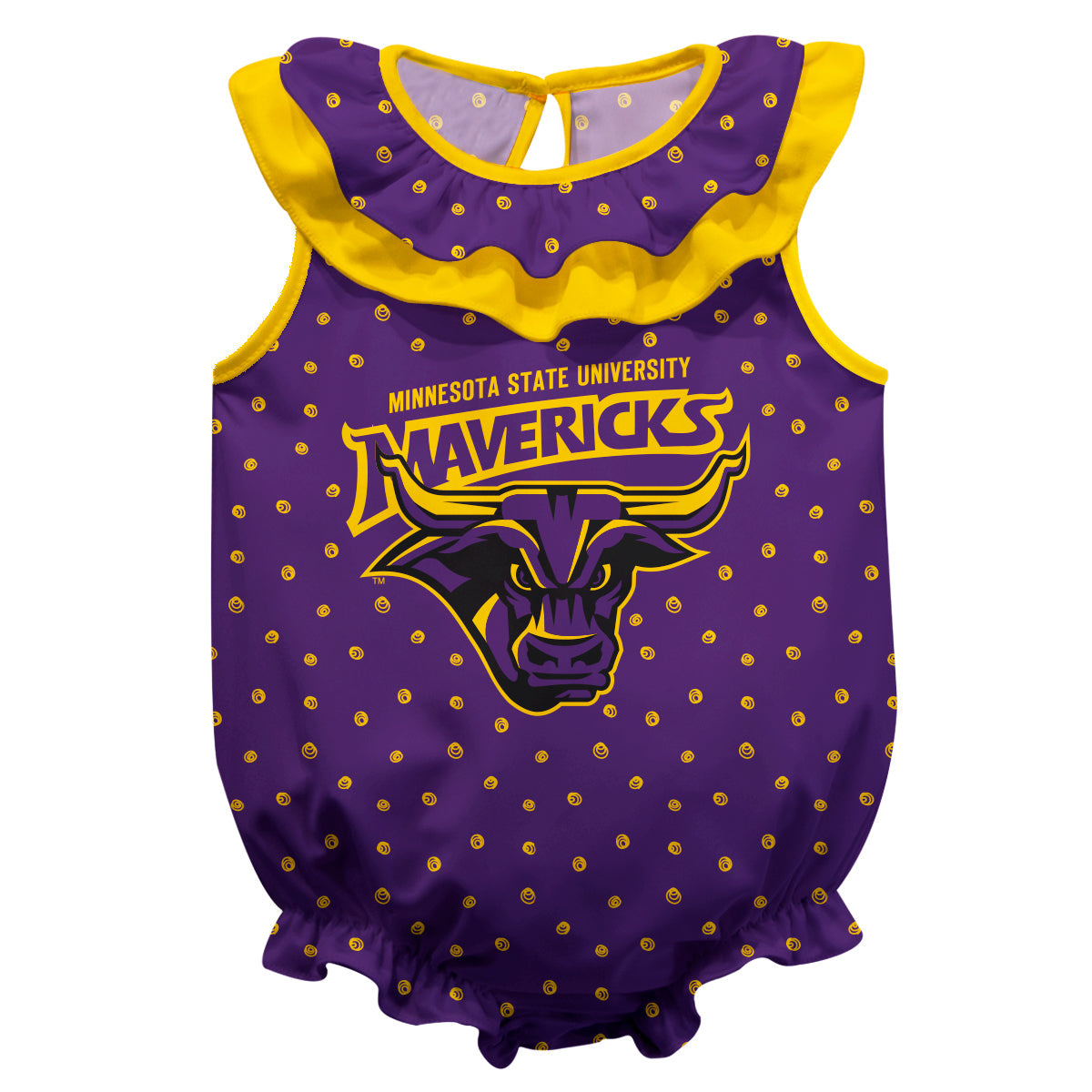 Minnesota State Mavericks Swirls Purple Sleeveless Ruffle One Piece Jumpsuit Logo Bodysuit by Vive La Fete