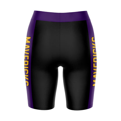 Minnesota State Mavericks Vive La Fete Game Day Logo on Waistband and Purple Stripes Black Women Bike Short 9 Inseam"