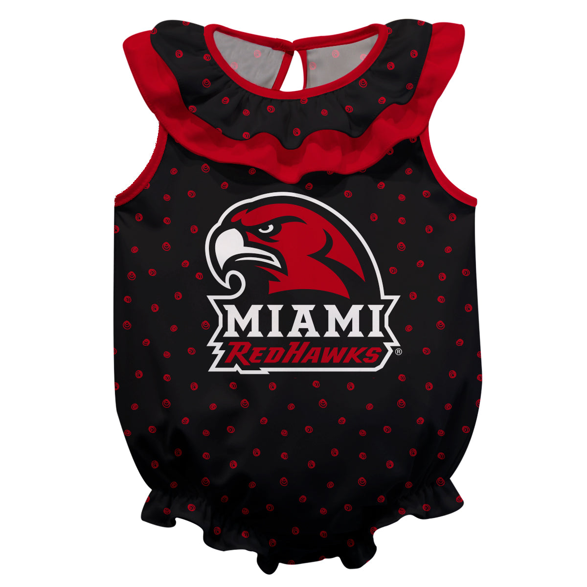 Miami Ohio RedHawks Swirls Black Sleeveless Ruffle One Piece Jumpsuit Logo Bodysuit by Vive La Fete