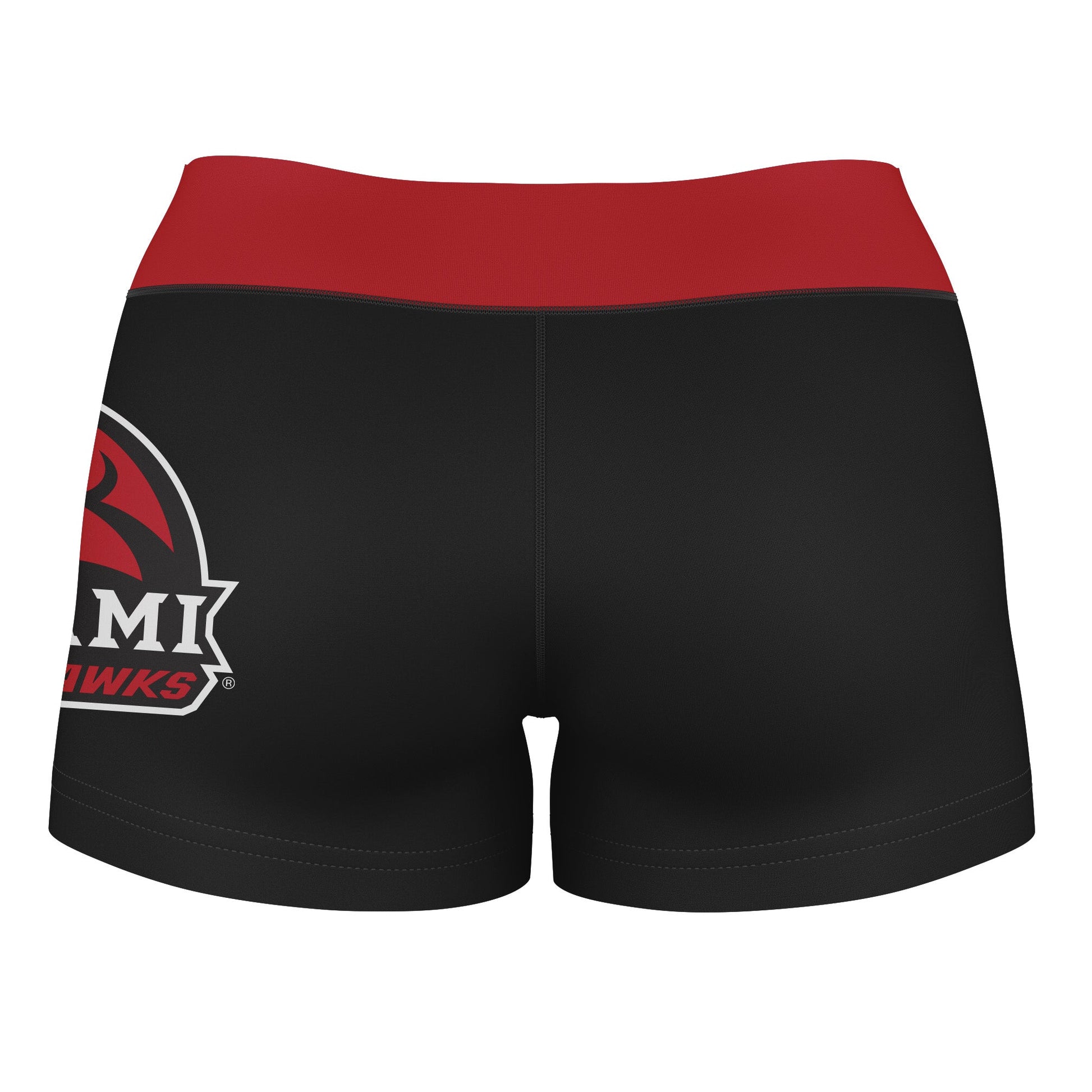 Miami Ohio RedHawks Vive La Fete Logo on Thigh and Waistband Black and Red Women Yoga Booty Workout Shorts 3.75 Inseam" - Vive La F̻te - Online Apparel Store