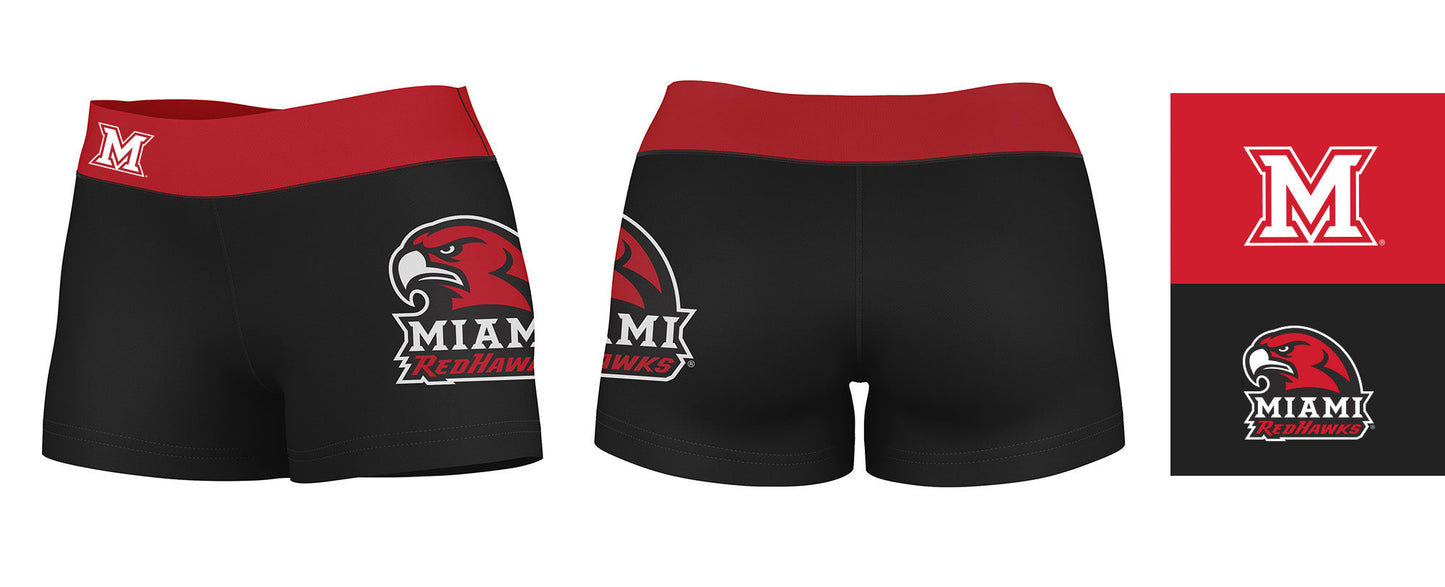 Miami Ohio RedHawks Vive La Fete Logo on Thigh and Waistband Black and Red Women Yoga Booty Workout Shorts 3.75 Inseam" - Vive La F̻te - Online Apparel Store