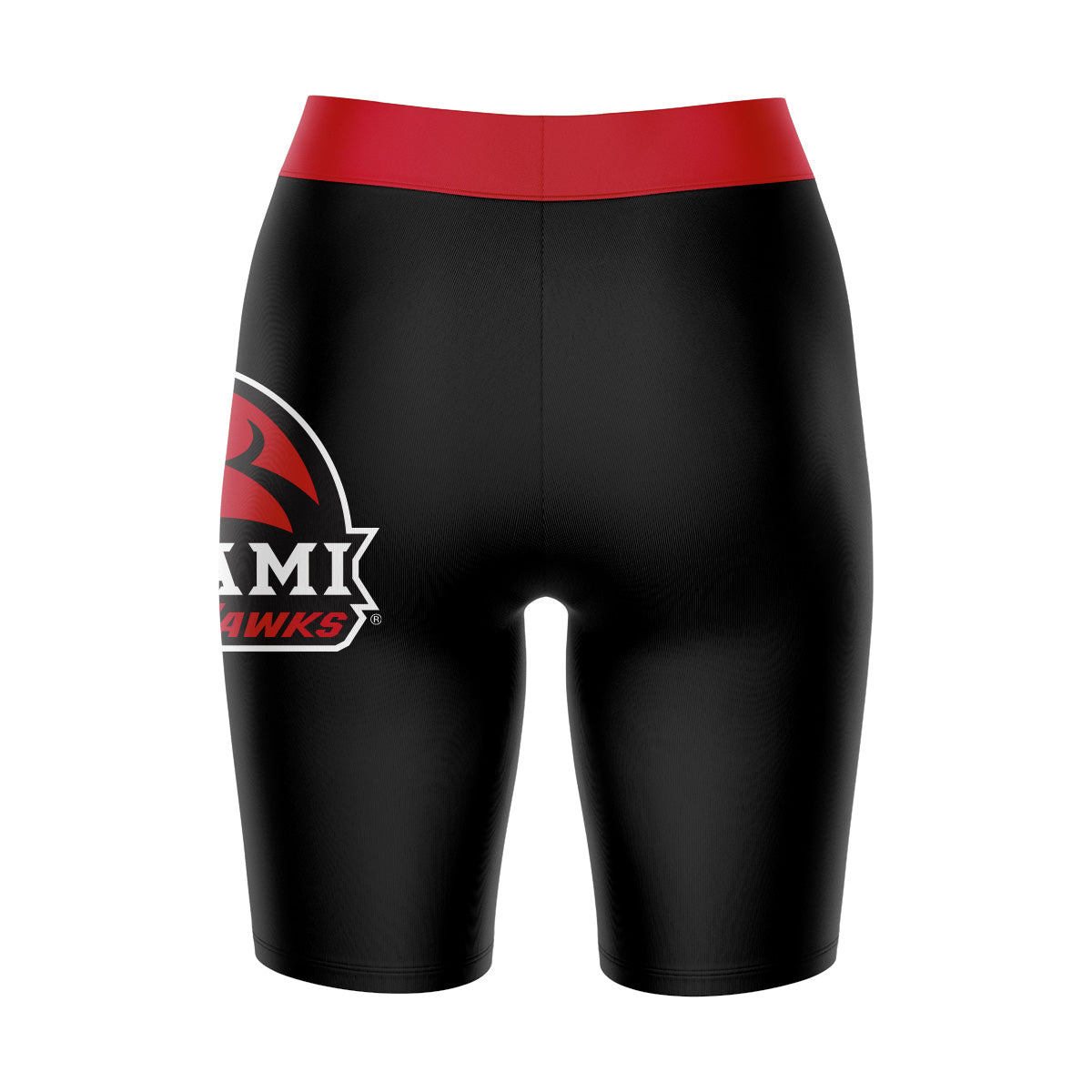 Miami Ohio RedHawks Vive La Fete Game Day Logo on Thigh and Waistband Black and Red Women Bike Short 9 Inseam"