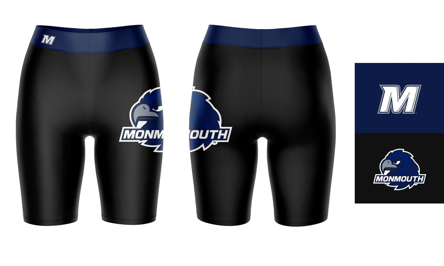 Monmouth Hawks Vive La Fete Game Day Logo on Thigh and Waistband Black and Navy Women Bike Short 9 Inseam"