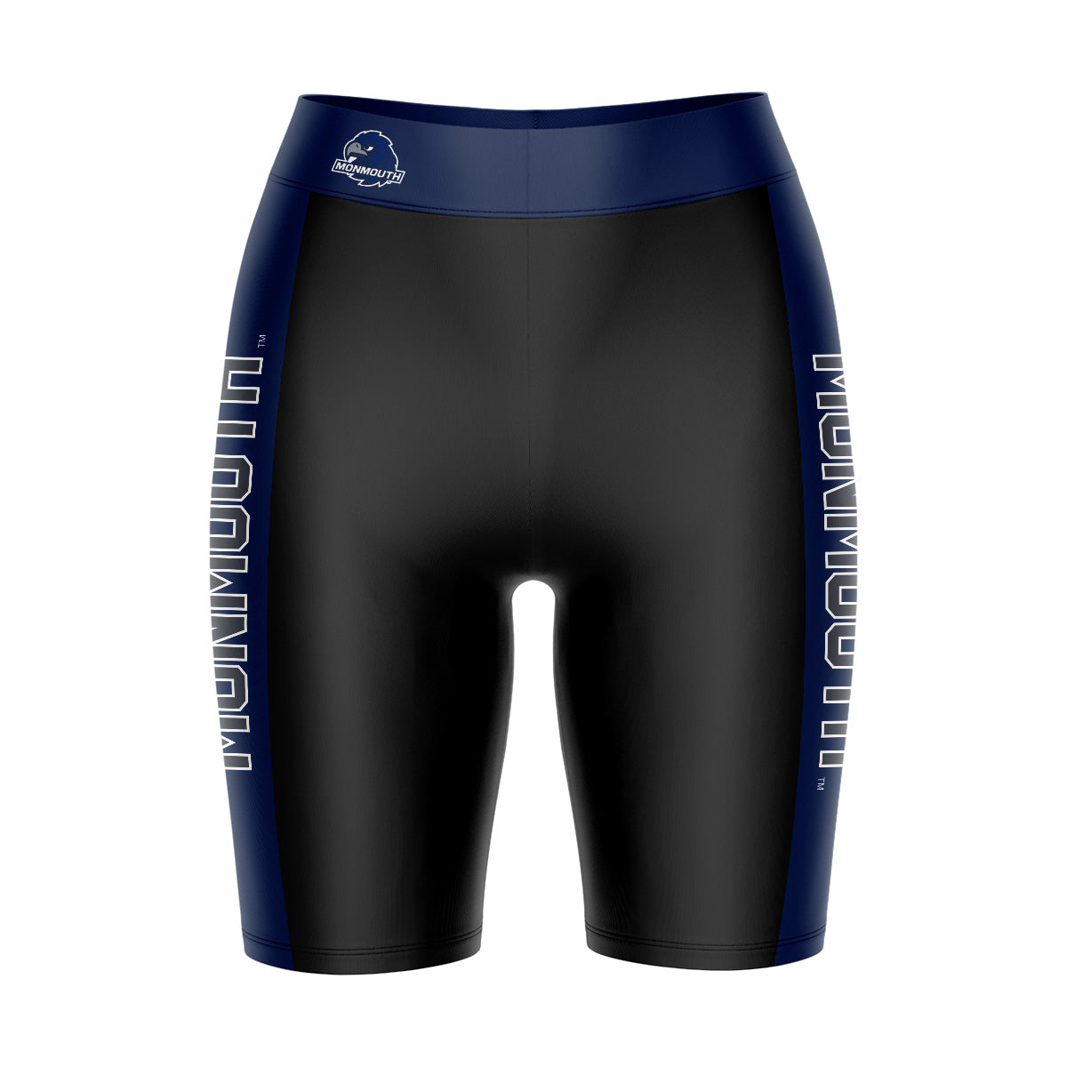 Monmouth Hawks Vive La Fete Game Day Logo on Waistband and Navy Stripes Black Women Bike Short 9 Inseam