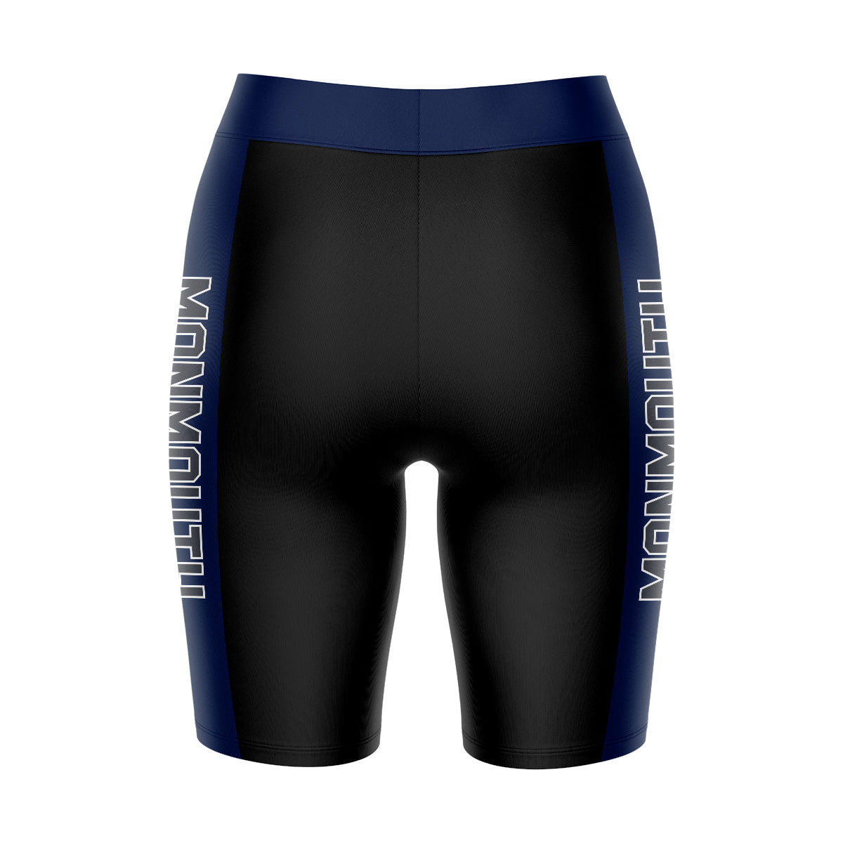 Monmouth Hawks Vive La Fete Game Day Logo on Waistband and Navy Stripes Black Women Bike Short 9 Inseam