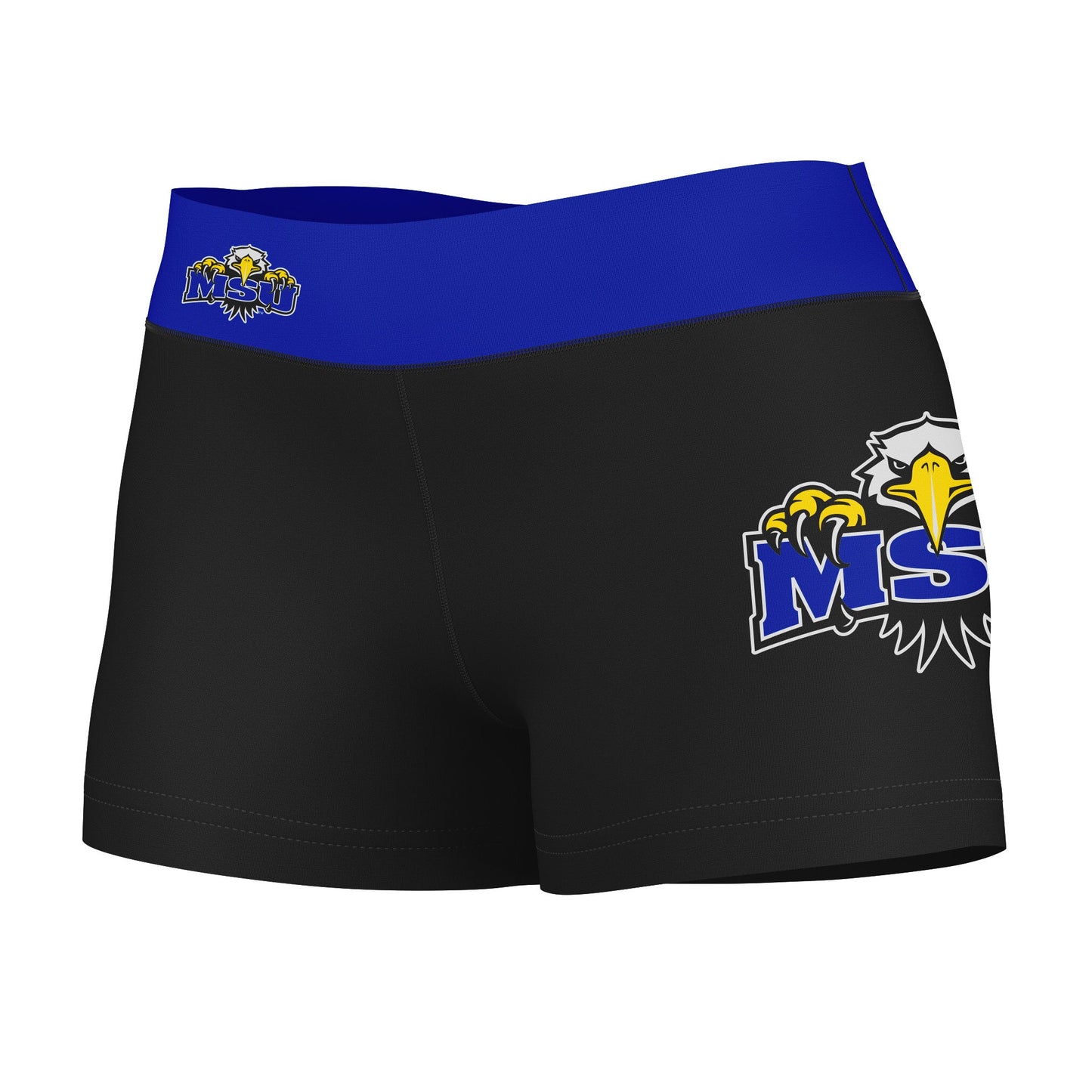 Morehead State Eagles Vive La Fete Logo on Thigh and Waistband Black & Blue Women Yoga Booty Workout Shorts 3.75 Inseam"