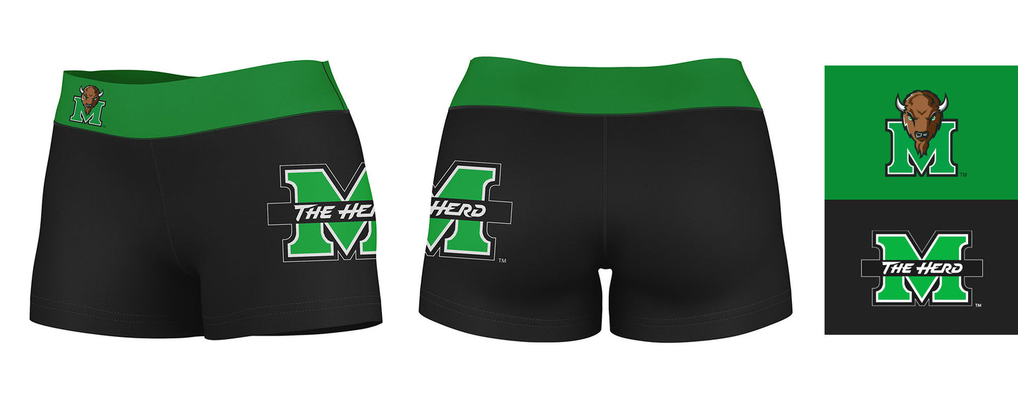 Marshall Thundering Herd MU Vive La Fete Logo on Thigh & Waistband Black & Green Women Booty Workout Shorts 3.75 Inseam" - Vive La F̻te - Online Apparel Store