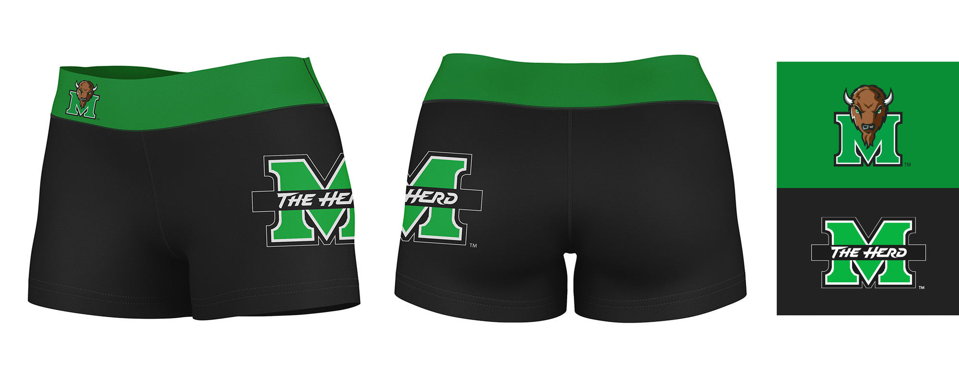 Marshall Thundering Herd MU Vive La Fete Logo on Thigh & Waistband Black & Green Women Booty Workout Shorts 3.75 Inseam" - Vive La F̻te - Online Apparel Store