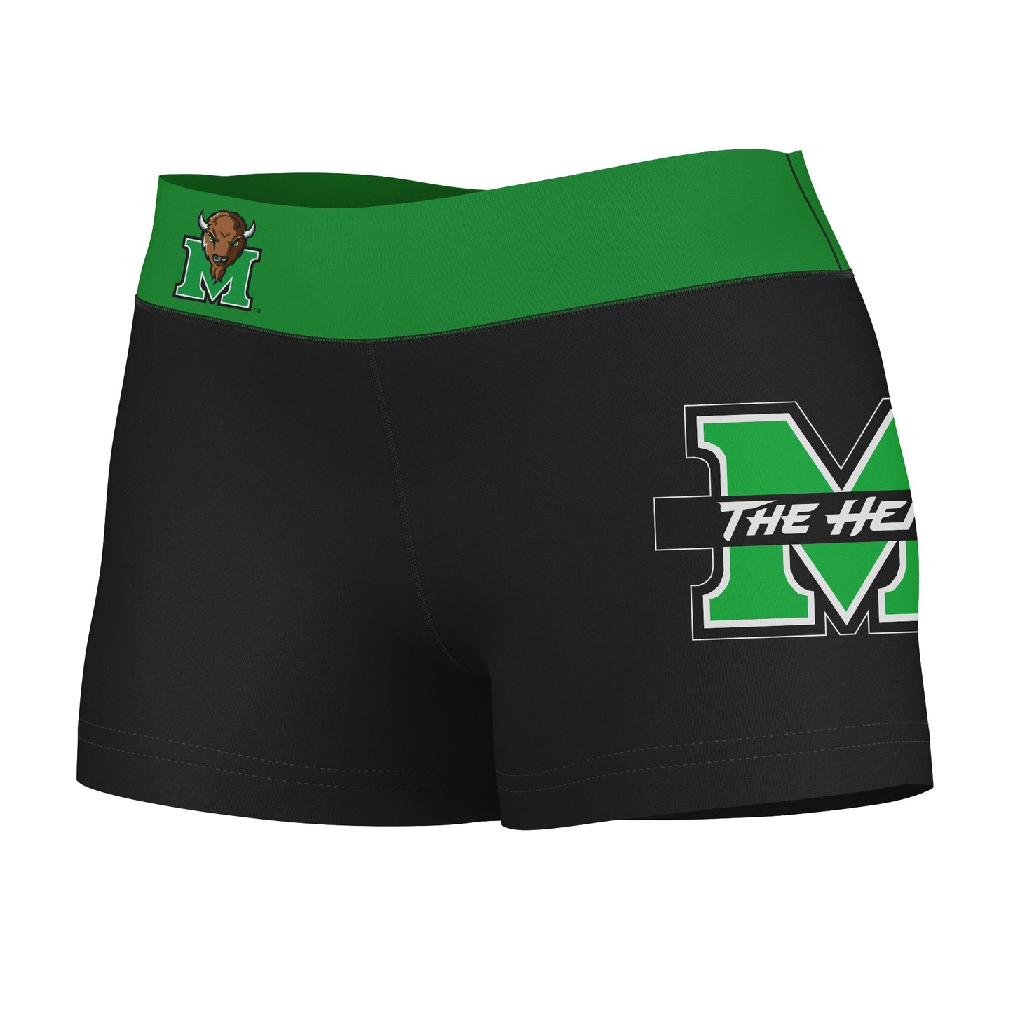 Marshall Thundering Herd MU Vive La Fete Logo on Thigh & Waistband Black & Green Women Booty Workout Shorts 3.75 Inseam"