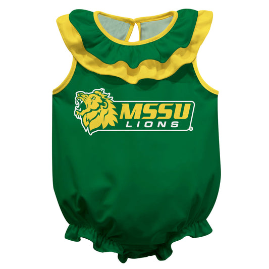 Missouri Southern Lions MSSU Green Sleeveless Ruffle One Piece Jumpsuit Logo Bodysuit by Vive La Fete