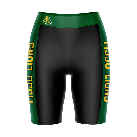 Missouri Southern Lions MSSU Vive La Fete Game Day Logo on Waistband and Green Stripes Black Women Bike Short 9 Inseam