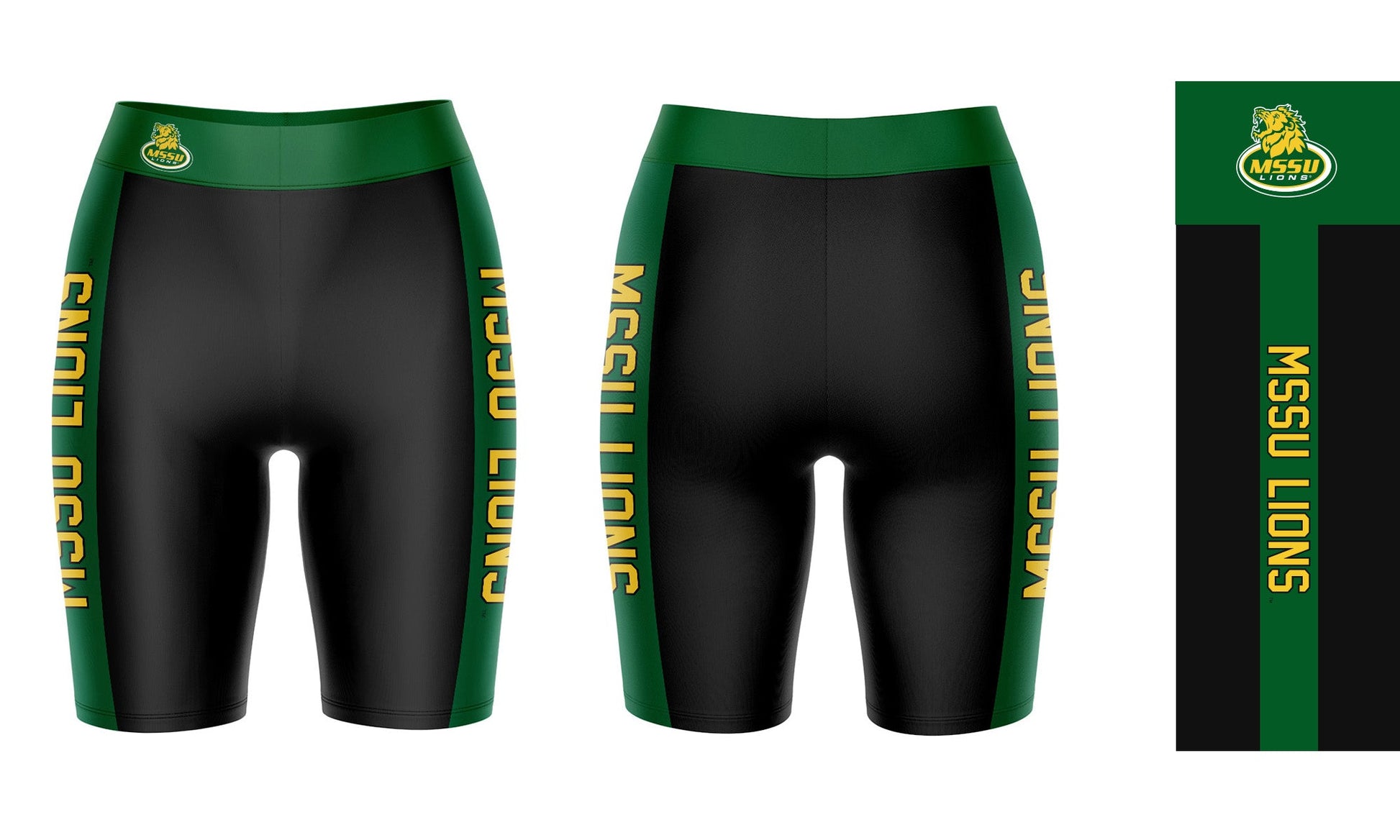 Missouri Southern Lions MSSU Vive La Fete Game Day Logo on Waistband and Green Stripes Black Women Bike Short 9 Inseam