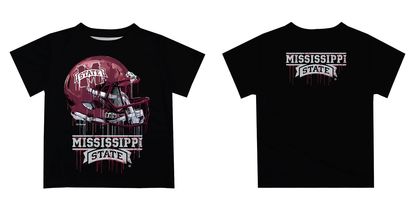 Mississippi State Bulldogs Original Dripping Football Helmet Black T-Shirt by Vive La Fete