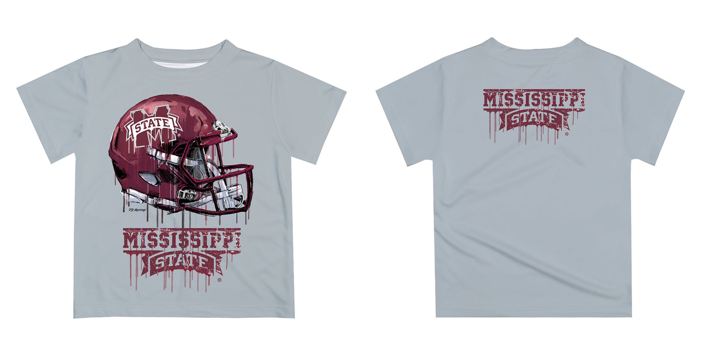 Mississippi State Bulldogs Original Dripping Football Helmet Gray T-Shirt by Vive La Fete