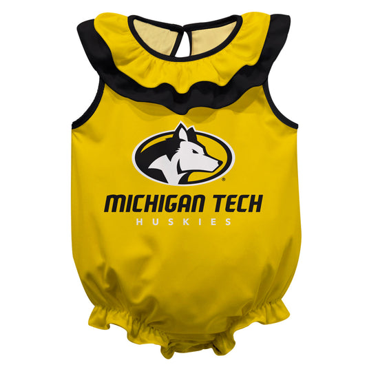 Michigan Tech Huskies MTU Gold Sleeveless Ruffle One Piece Jumpsuit Logo Bodysuit by Vive La Fete