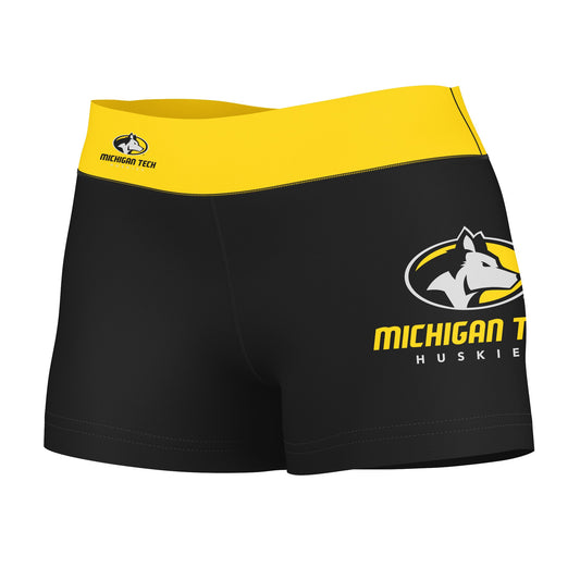 Michigan Tech Huskies MTU Vive La Fete Logo on Thigh and Waistband Black & Gold Women Booty Workout Shorts 3.75 Inseam"